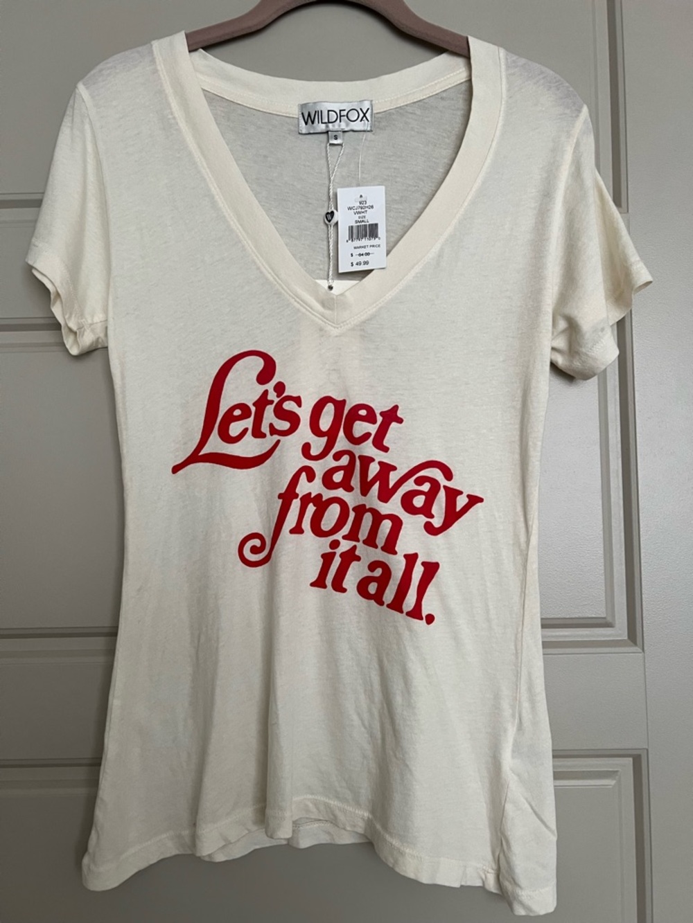 Wildfox Cream V-Neck Tee with Red Script Slogan